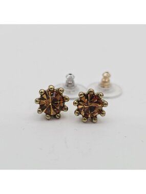 Gold-Tone Stud Earrings Amber Rhinestones Round Flower